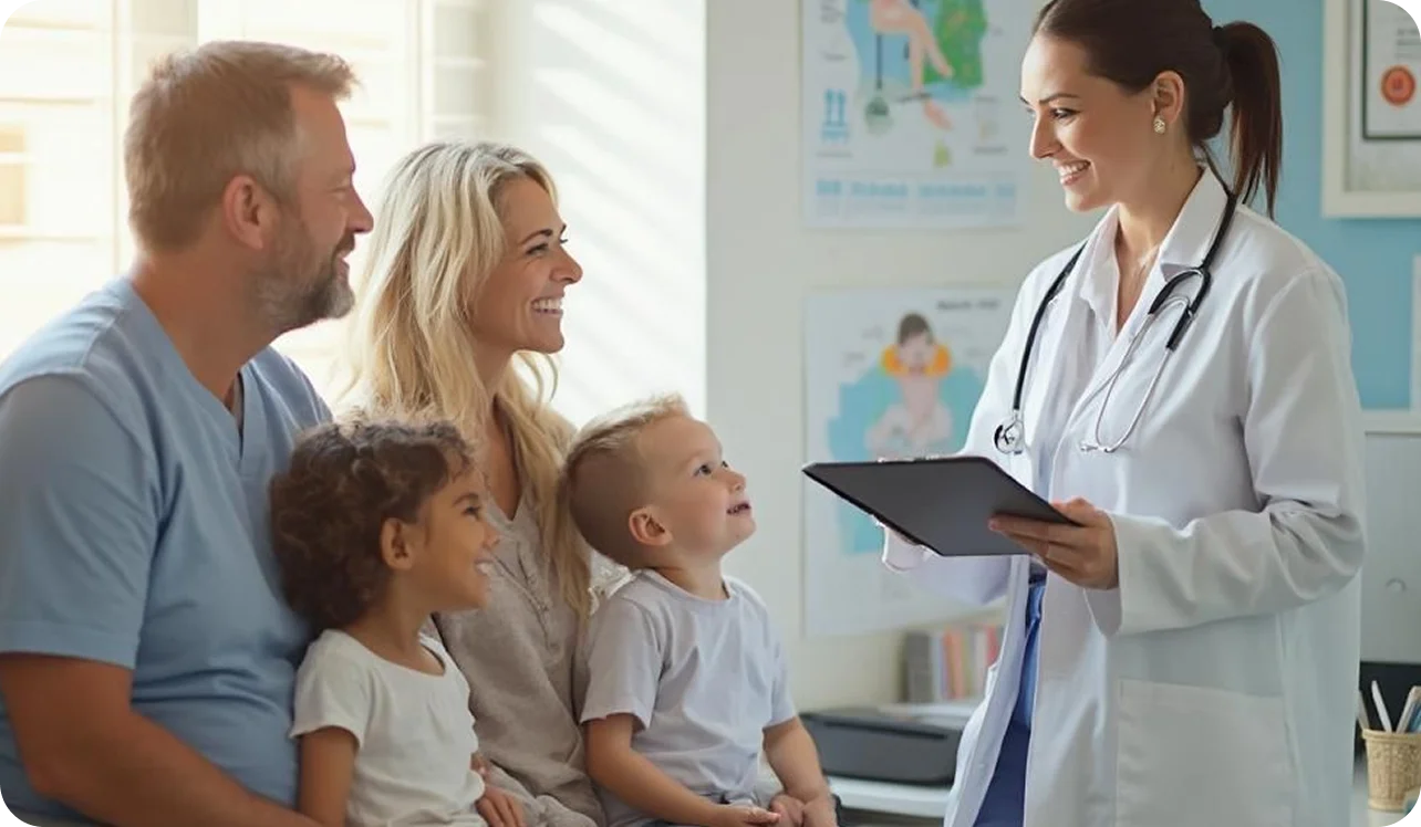 Doctor speaking with a family in a medical exam room.