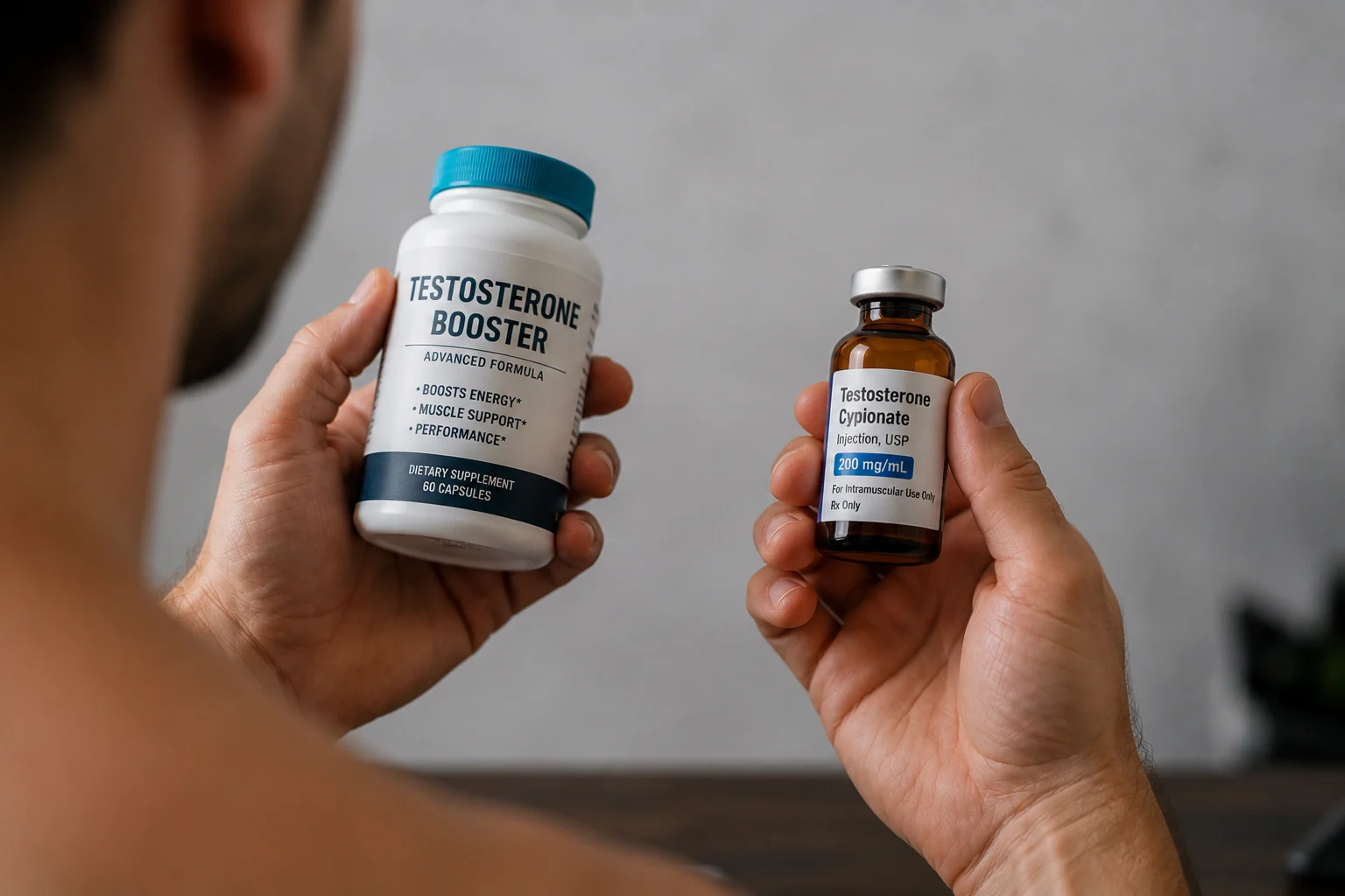 Man comparing an over-the-counter testosterone booster with a prescription testosterone vial, highlighting the risks of low-quality testosterone supplements.
