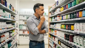 Low Quality TRT: Hidden Risks in Over-the-Counter "Testosterone Boosters" 1 A man standing in a supplement store