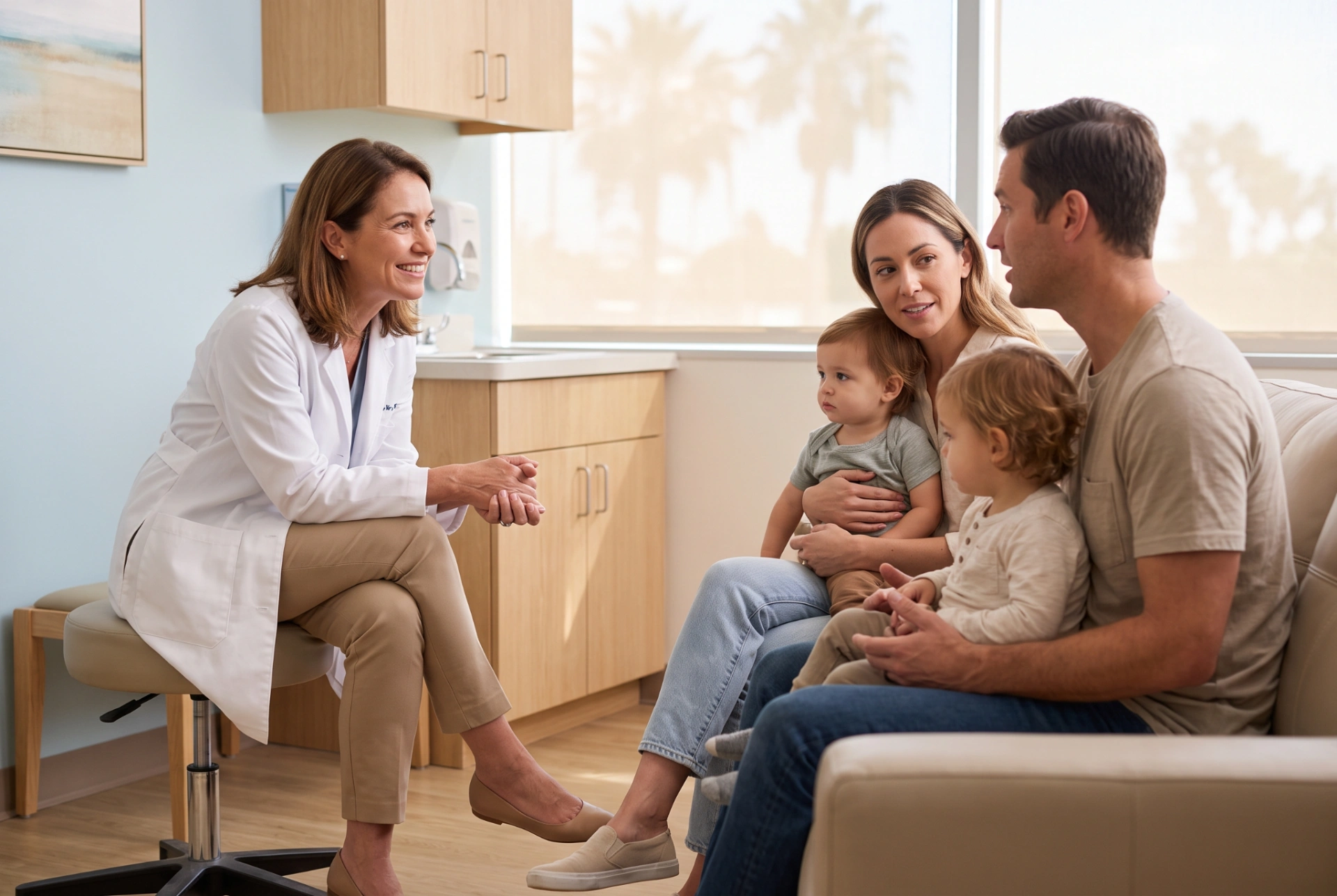 A smiling female primary care physician in a white coat sits and talks with a young family, including parents and two small children, in a bright modern clinic with palm trees visible through the window.