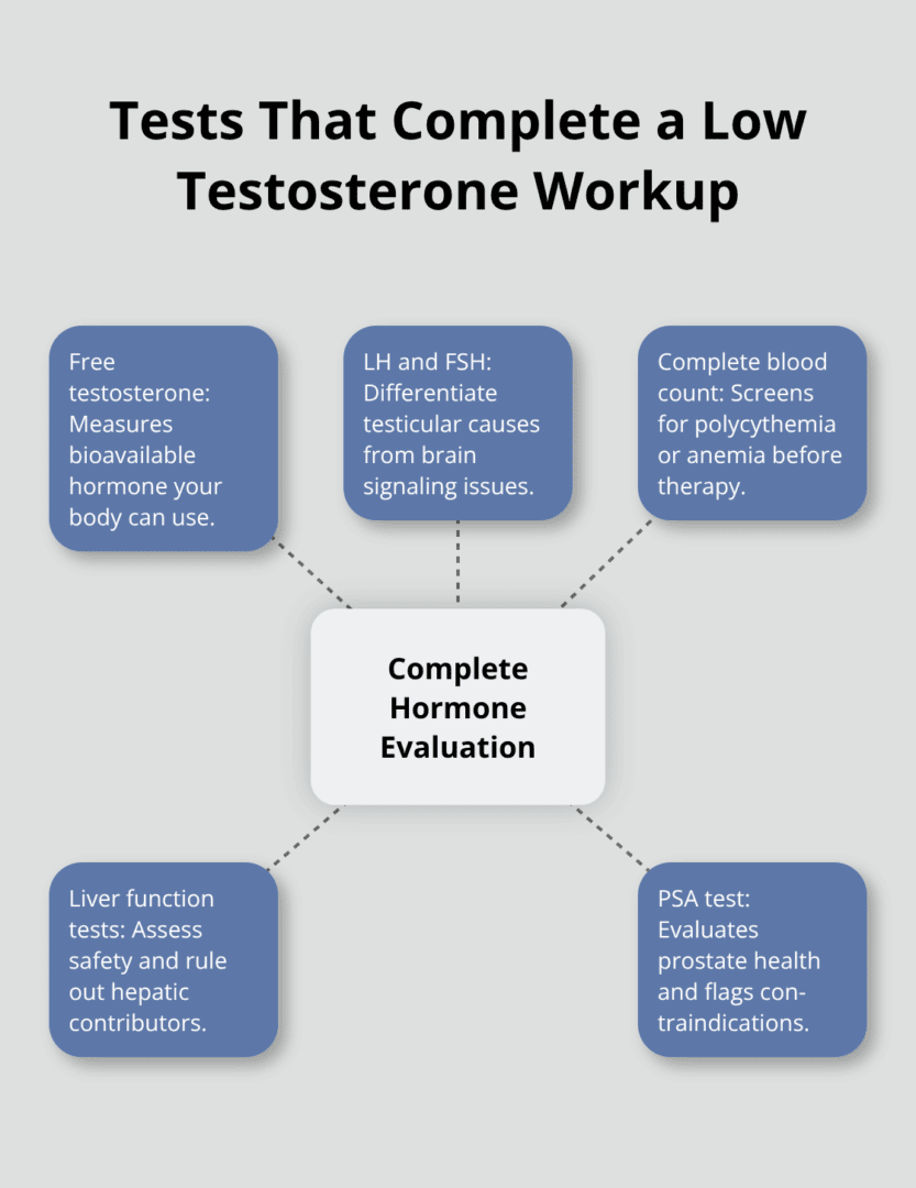 Hub-and-spoke chart showing key labs for low testosterone evaluation