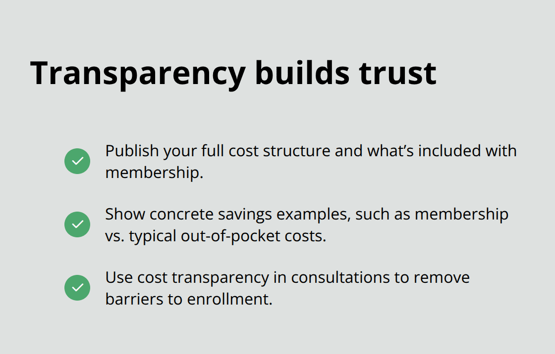 Checkmark list of transparency actions that increase patient trust - direct primary care marketing