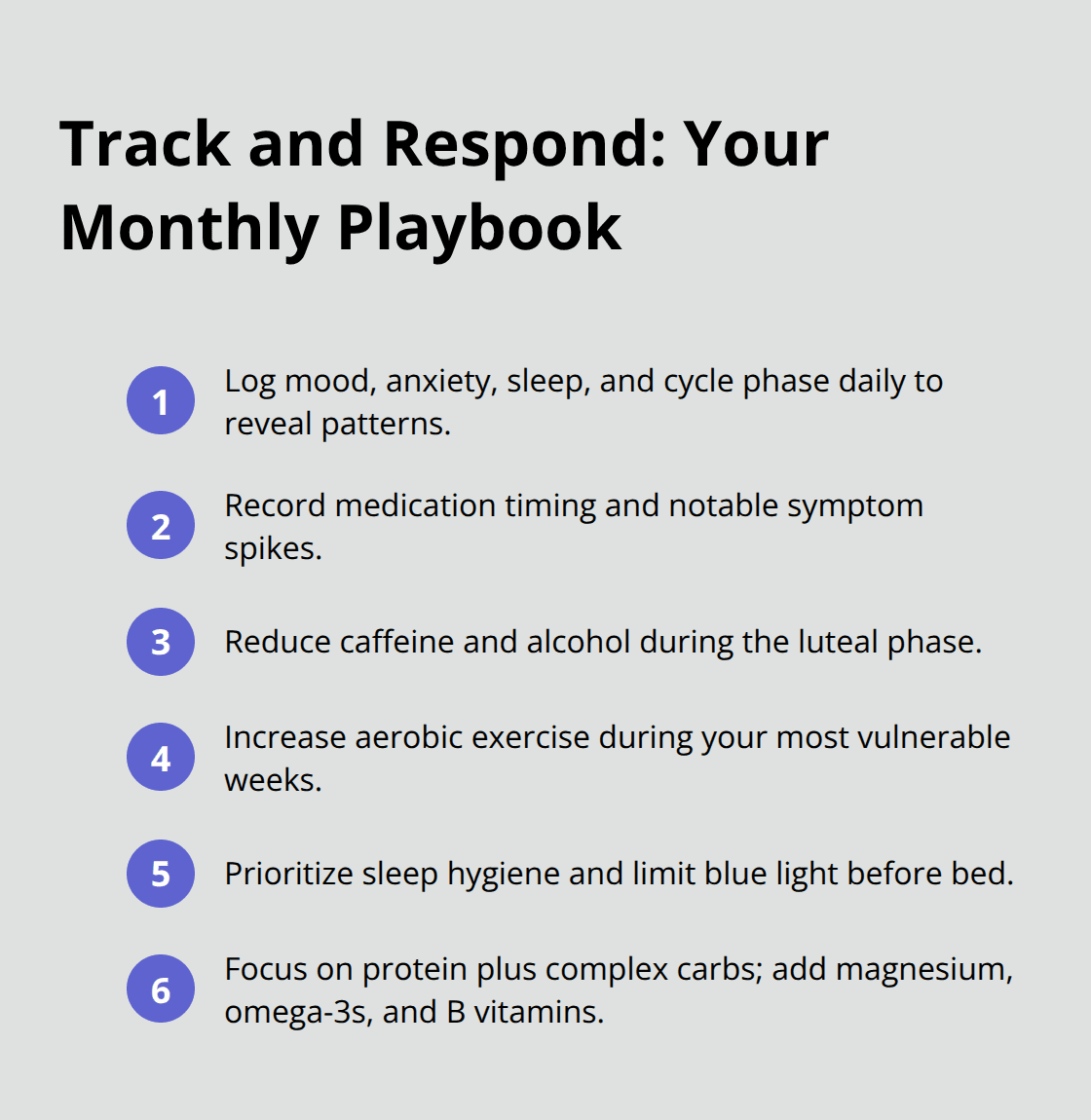 Compact step-by-step list for tracking mood and adjusting habits across the cycle - female hormones and mental health