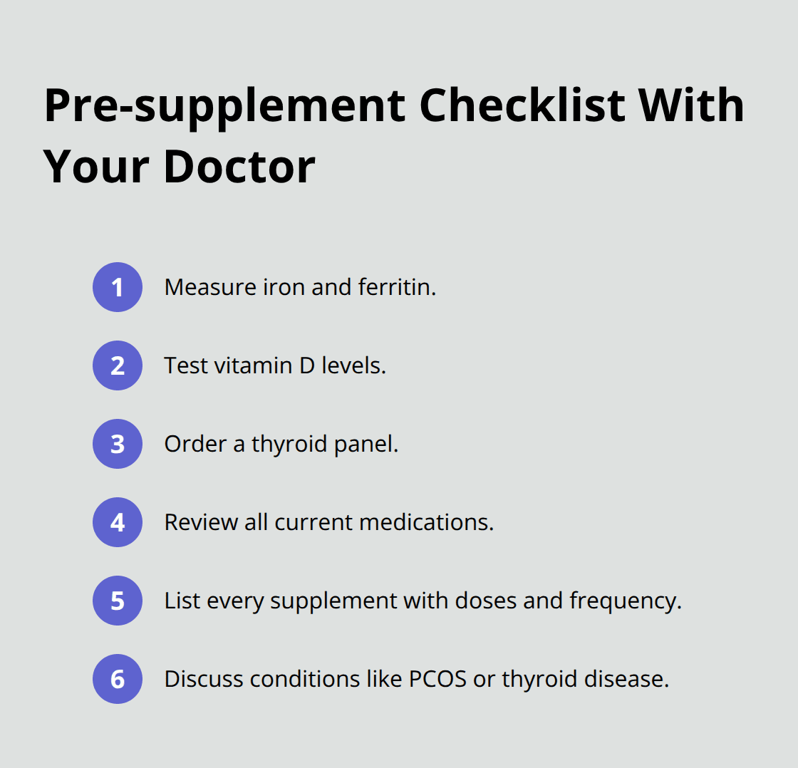 Supplements for Female Reproductive Health: Complete Guide 6 Compact checklist of steps to take with your doctor before starting supplements for reproductive health.
