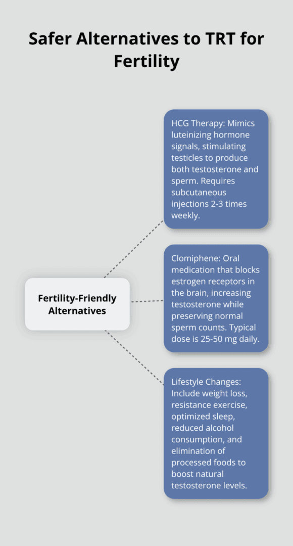 Hub and spoke chart showing three safer alternatives to testosterone replacement therapy for maintaining fertility - Testosterone therapy and fertility TRT risks, sperm health, family planning