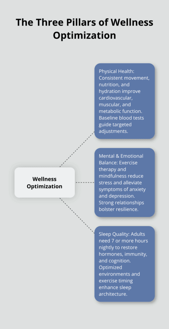 Infographic showing the core pillars: Physical Health, Mental & Emotional Balance, and Sleep Quality at the center of wellness optimization.